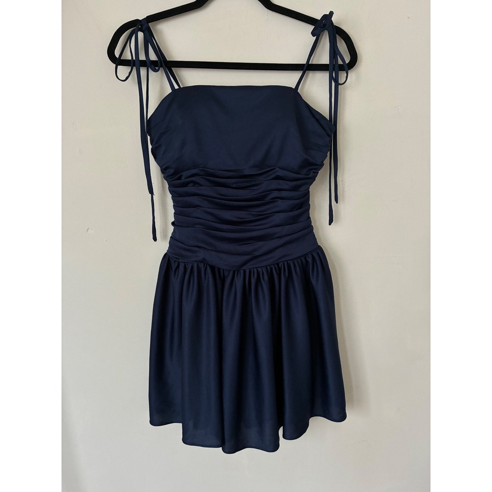 Navy Blue Ruched Tie Shoulder Mini Dress Cocktail Party Wedding Guest Size 2